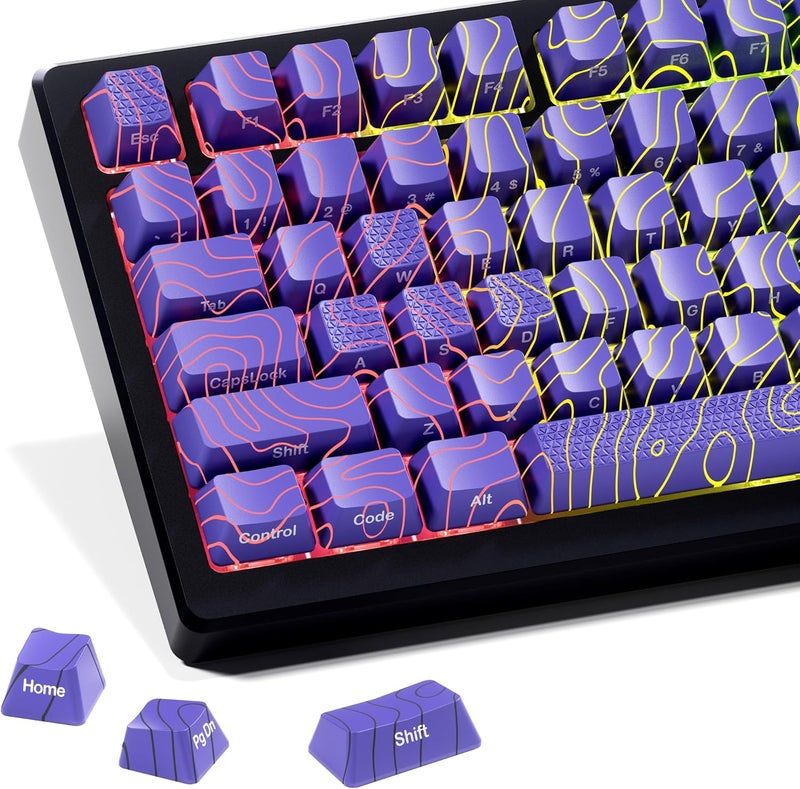 HITIME XVX Shine Through Keycaps w/IMD Tech, Custom Topographic Keycaps 60 75 100 Percent, Purple Key Cap Set 118 Keys Lines Backlit, OEM Profile Side Printed for Keyboards - Image 1